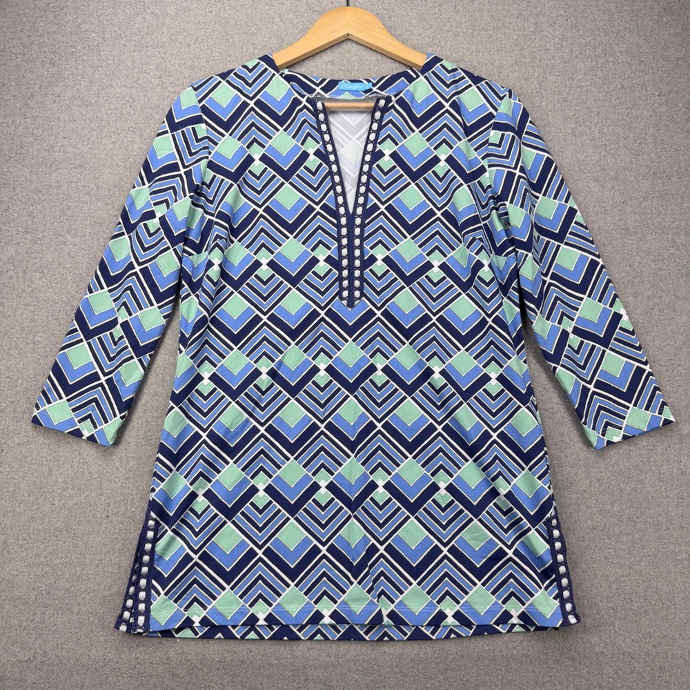 J.McLaughlin Tunic Top Womens Small Blue Geometric Catalina Cloth Preppy Boho‎